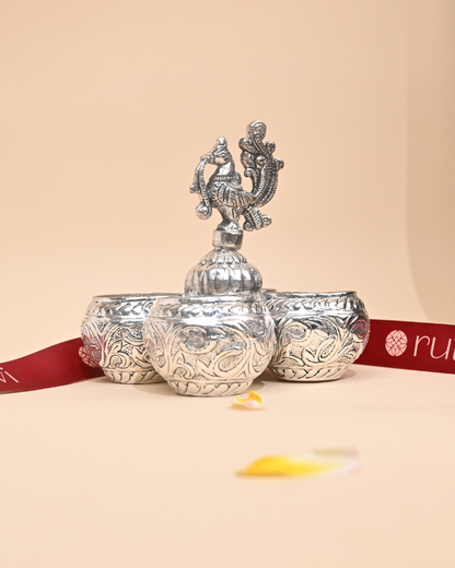 Handcrafted German Silver Choumukh Haldi Kumkum 4 Bowl Patra