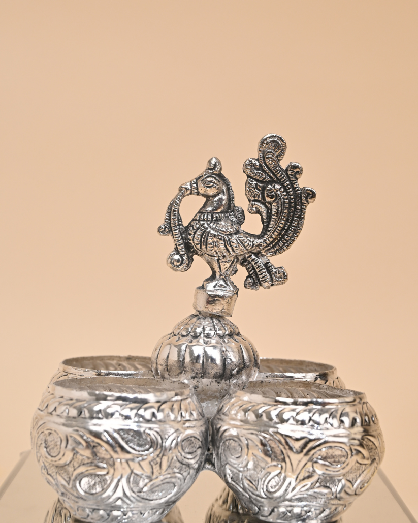 Handcrafted German Silver Choumukh Haldi Kumkum 4 Bowl Patra