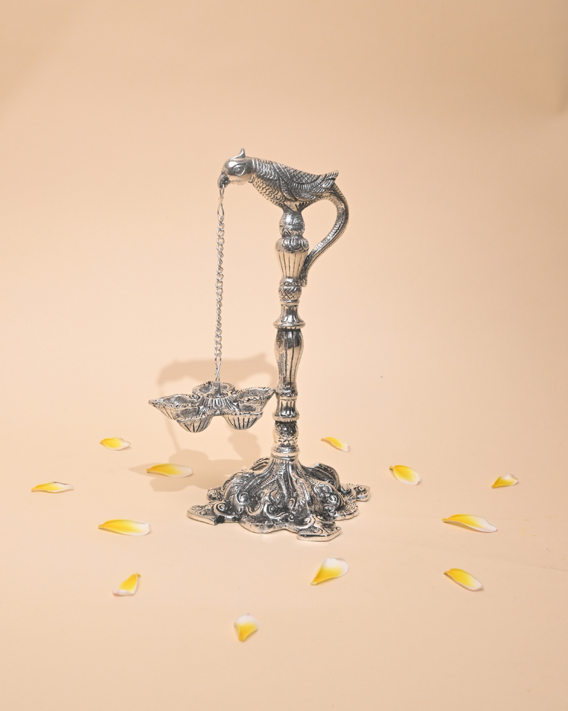 German Silver Parrot Holding Diya Stand – Traditional Pooja & Home Décor