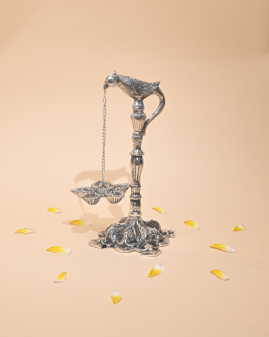 German Silver Parrot Holding Diya Stand – Traditional Pooja & Home Décor