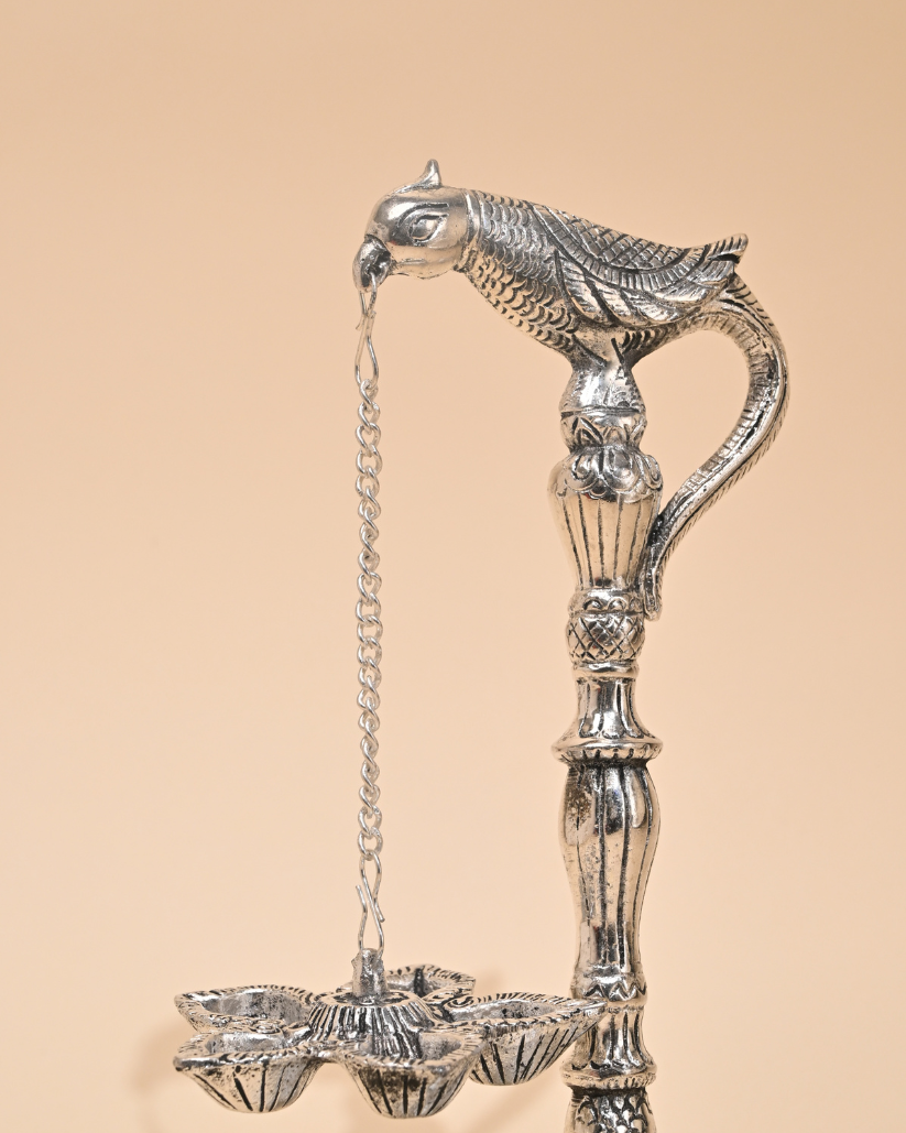 German Silver Parrot Holding Diya Stand – Traditional Pooja & Home Décor