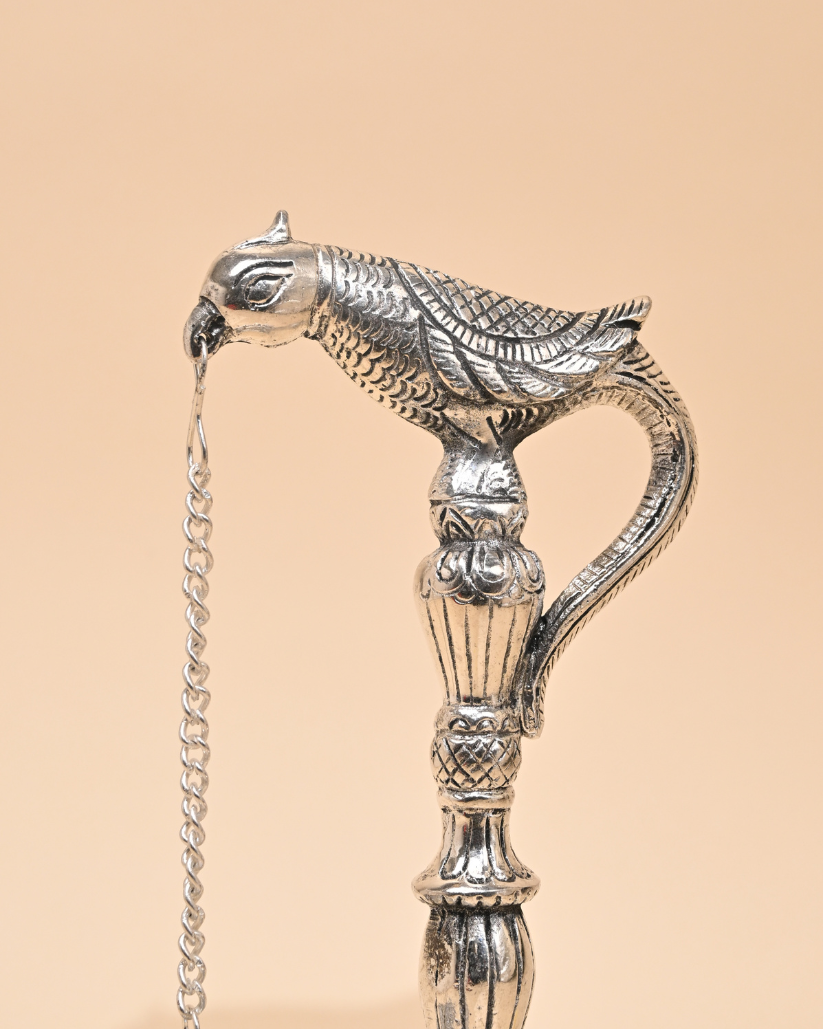 German Silver Parrot Holding Diya Stand – Traditional Pooja & Home Décor