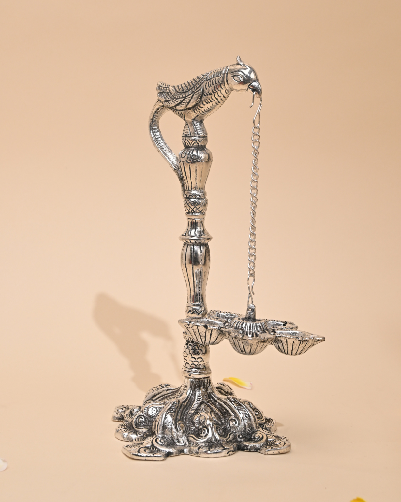 German Silver Parrot Holding Diya Stand – Traditional Pooja & Home Décor