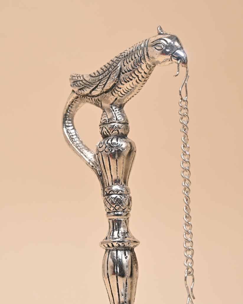 German Silver Parrot Holding Diya Stand – Traditional Pooja & Home Décor
