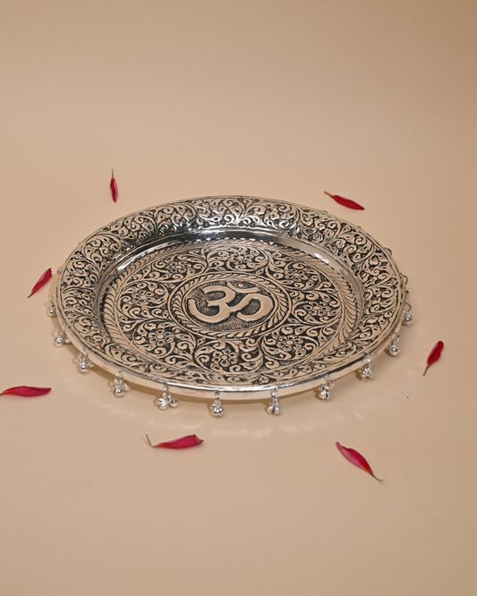 German Silver Pooja Thali with Colorful Tassels – A Perfect Blend of Tradition & Elegance