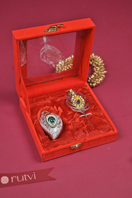 Silver Peacock Feather Kumkum Holder & Decorative Feather Set