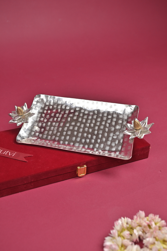 Handcrafted German Silver Serving Tray with Lotus Diyas – Decorative Pooja & Gifting Platter
