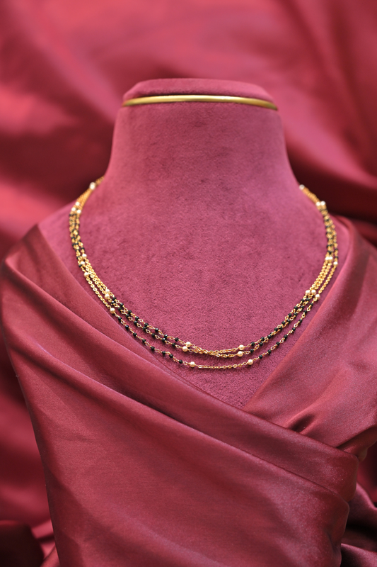 925 Sterling Silver Triple Layer Black Bead & Pearl Gold Plated Mangalsutra Necklace