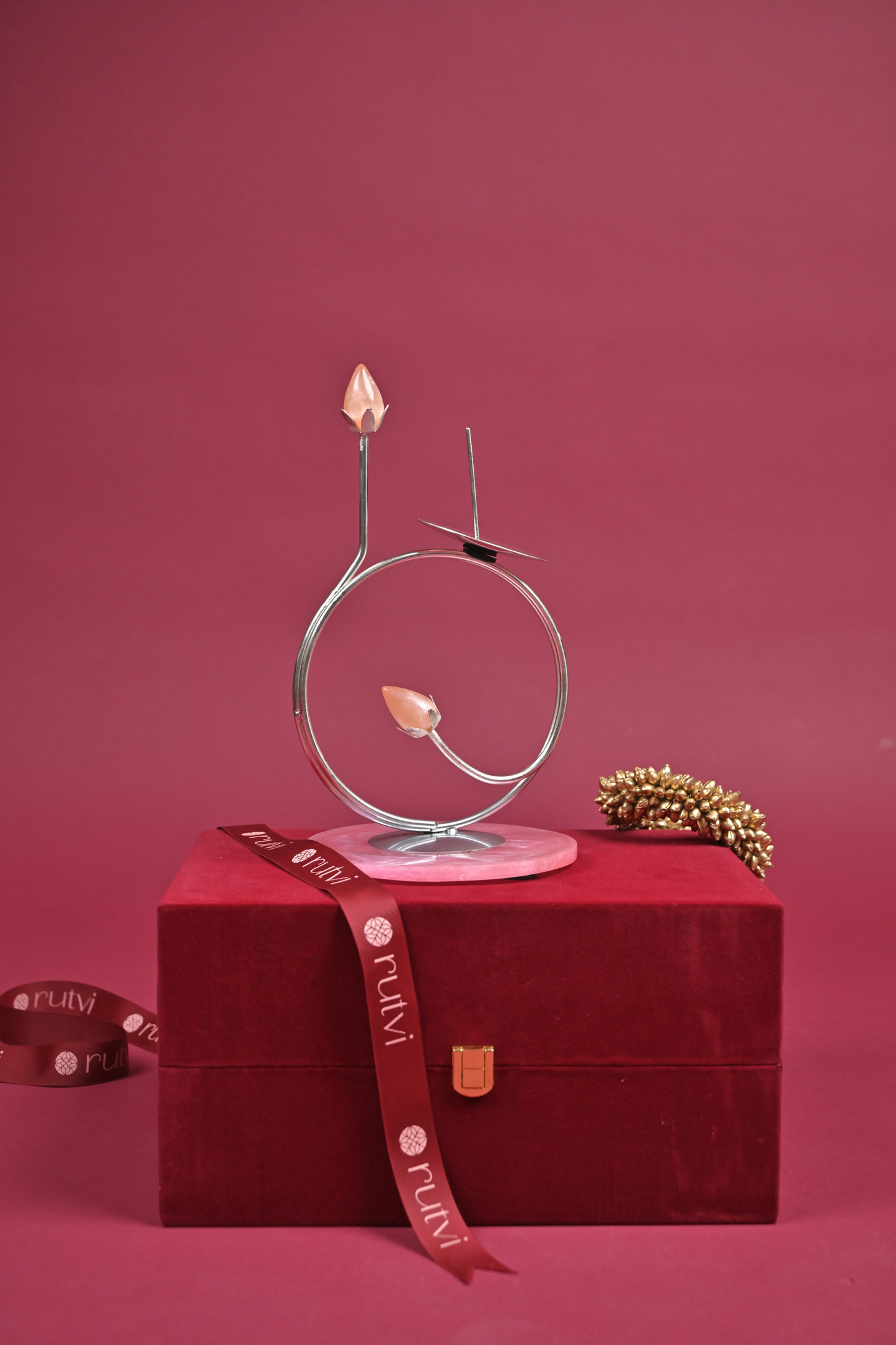 handcrafted german silver lotus diya stand on rose quartz base with velvet gift box