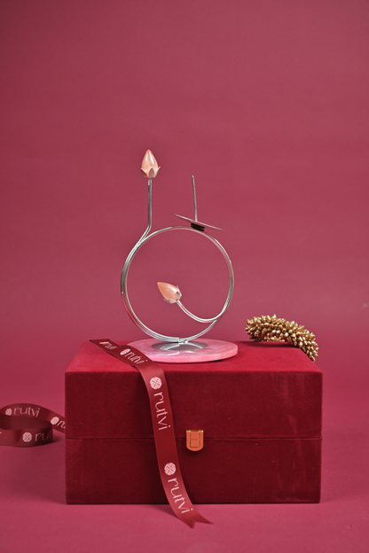 Handcrafted German Silver Lotus Diya Stand on Rose Quartz Base with Velvet Gift Box