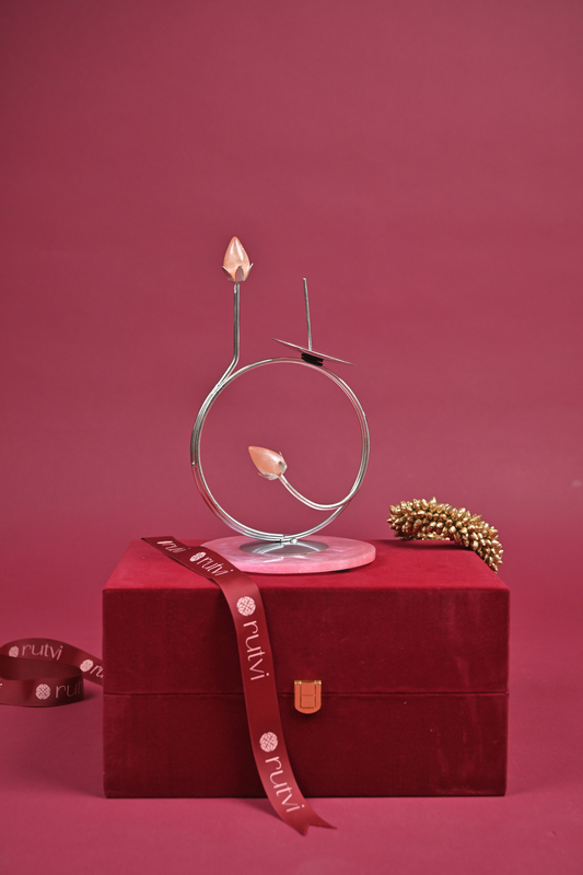 Handcrafted German Silver Lotus Diya Stand on Rose Quartz Base with Velvet Gift Box
