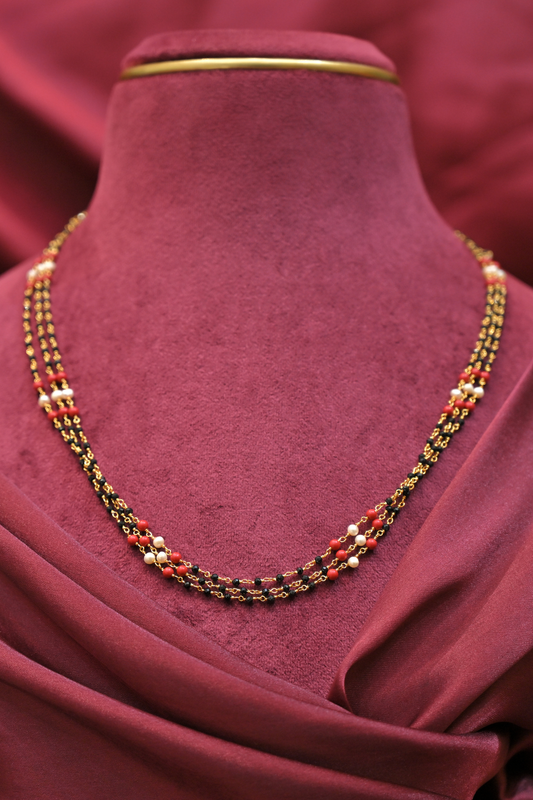 925 Sterling Silver Triple Layer Pearl, Coral & Black Bead Gold Plated Mangalsutra Necklace