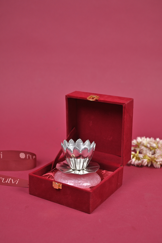 Handcrafted German Silver Lotus Diya on Rose Quartz Base – Decorative Pooja & Gifting Accent