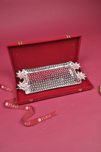 Silver Floral Serving Tray with Lotus Diyas
