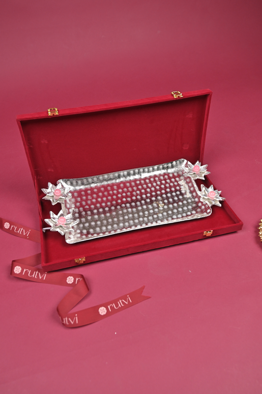 Silver Floral Serving Tray with Lotus Diyas