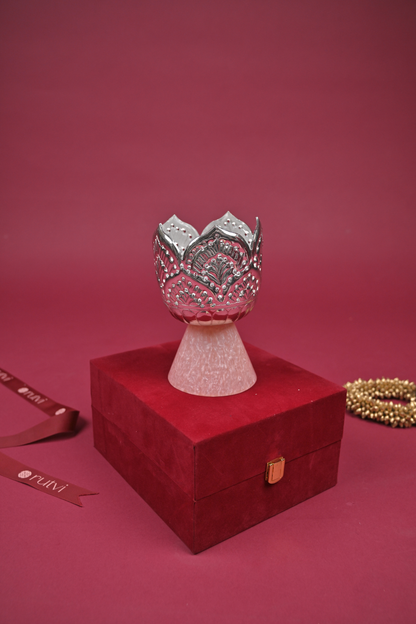 German Silver Lotus Tealight Holder with Stone Base