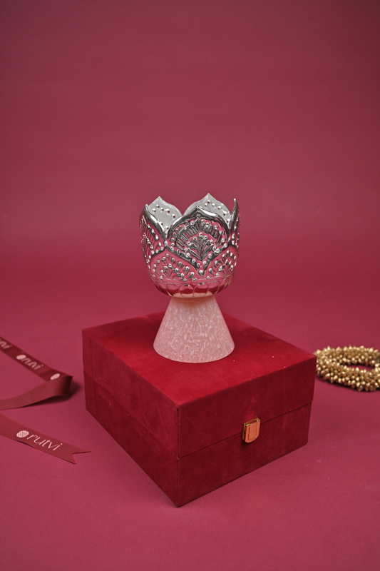 German Silver Lotus Tealight Holder with Stone Base