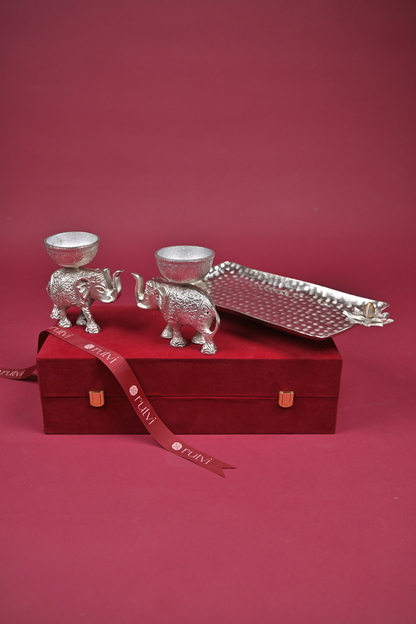 German Silver Elephant Bowl & Decorative Tray Gift Set