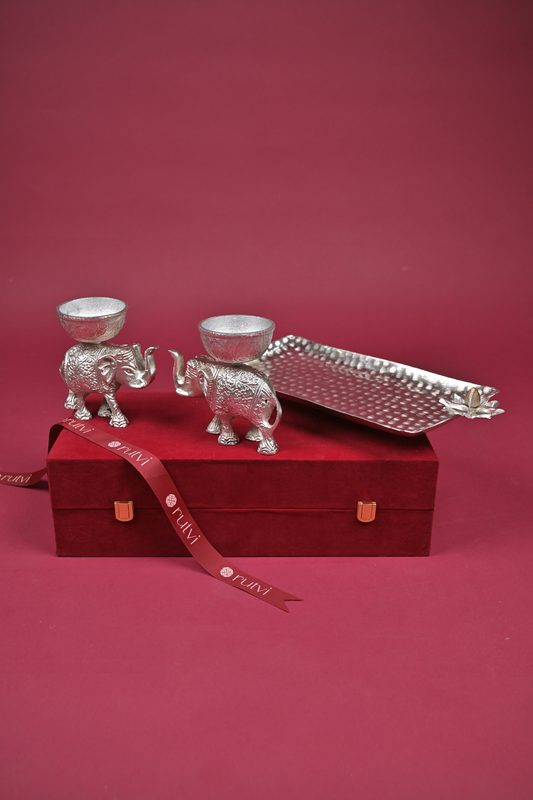 German Silver Elephant Bowl & Decorative Tray Gift Set