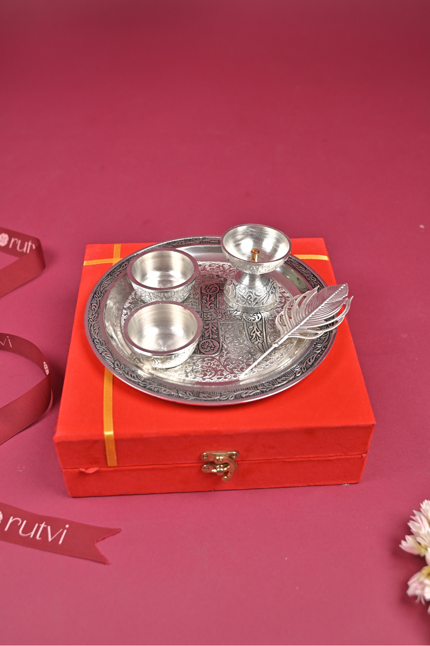 german silver pooja thali set with diya & bowls