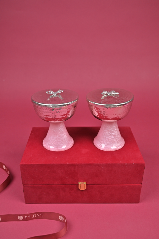 Silver Hammered Bowl Set with Pink Stone Stand (Set of 2)