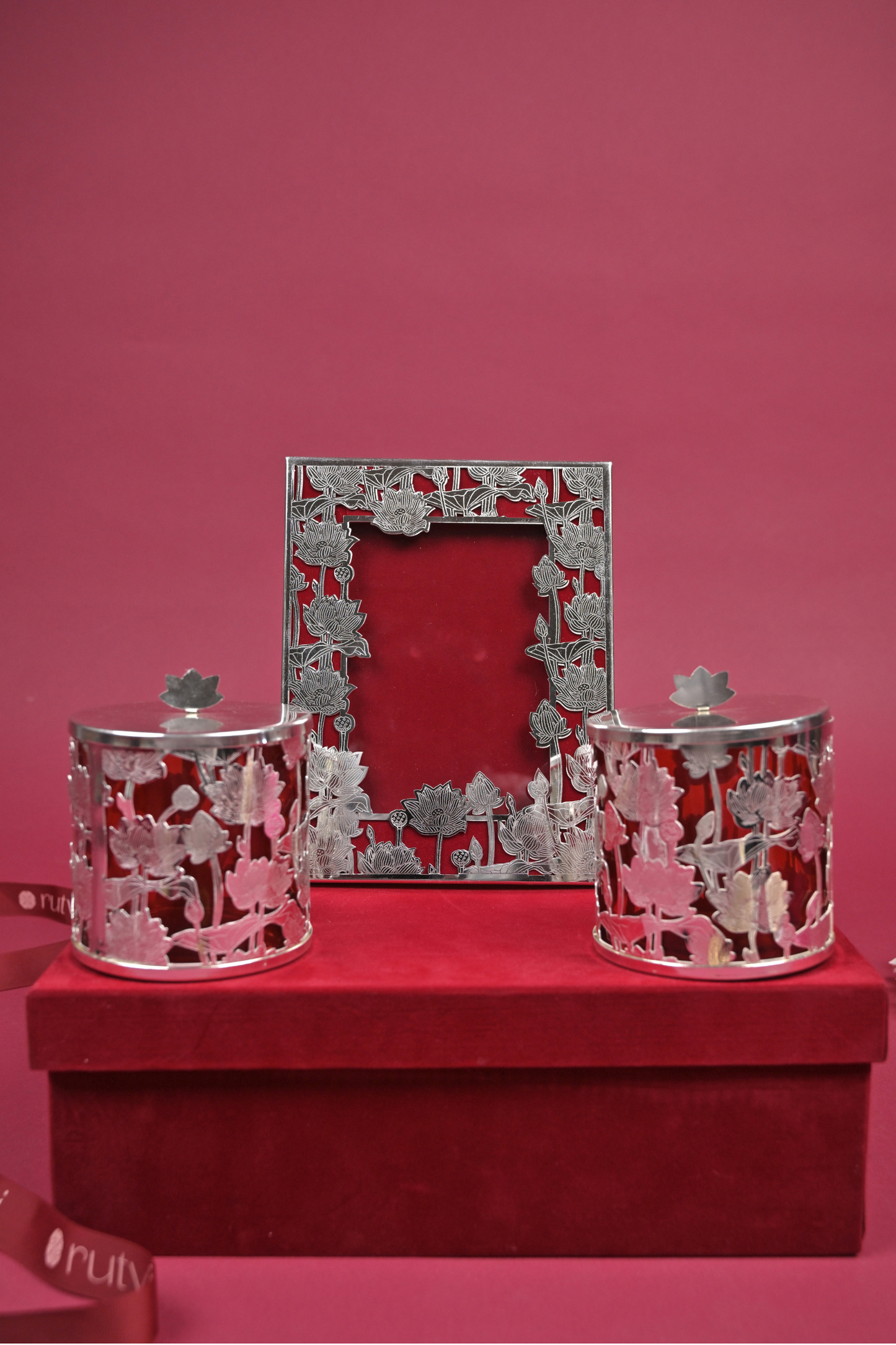 german silver lotus photo frame & candle holder gift set with velvet box