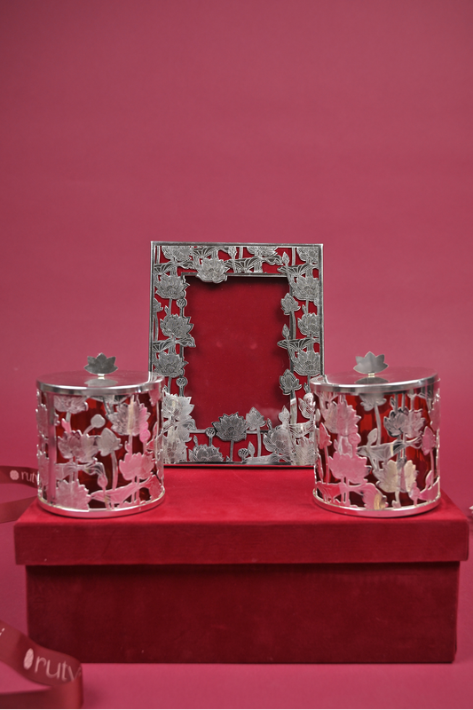 German Silver Lotus Photo Frame & Candle Holder Gift Set with Velvet Box