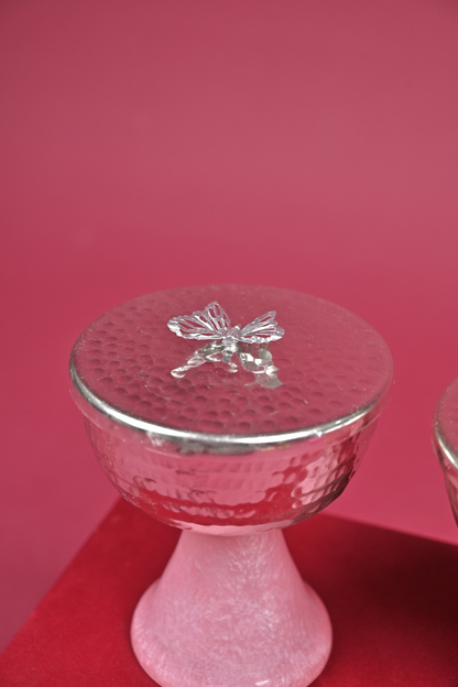 Silver Hammered Bowl Set with Pink Stone Stand (Set of 2)