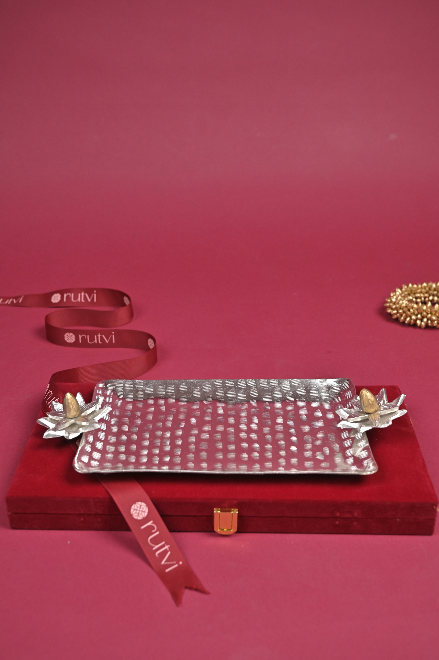 handcrafted german silver serving tray with lotus diyas – decorative pooja & gifting platter