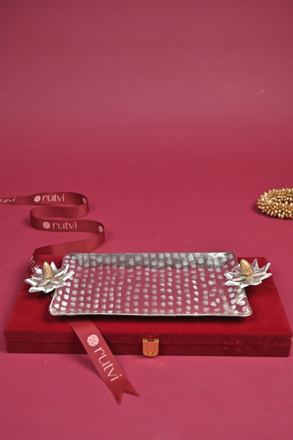 Handcrafted German Silver Serving Tray with Lotus Diyas – Decorative Pooja & Gifting Platter