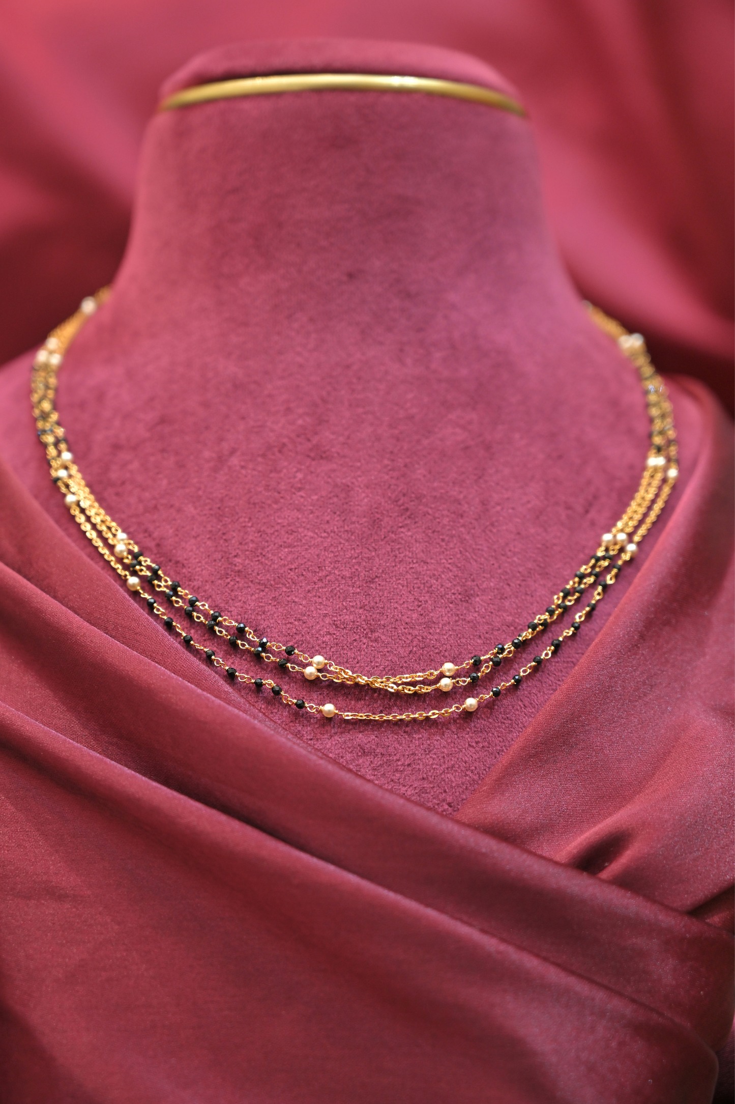 925 sterling silver triple layer black bead & pearl gold plated mangalsutra necklace