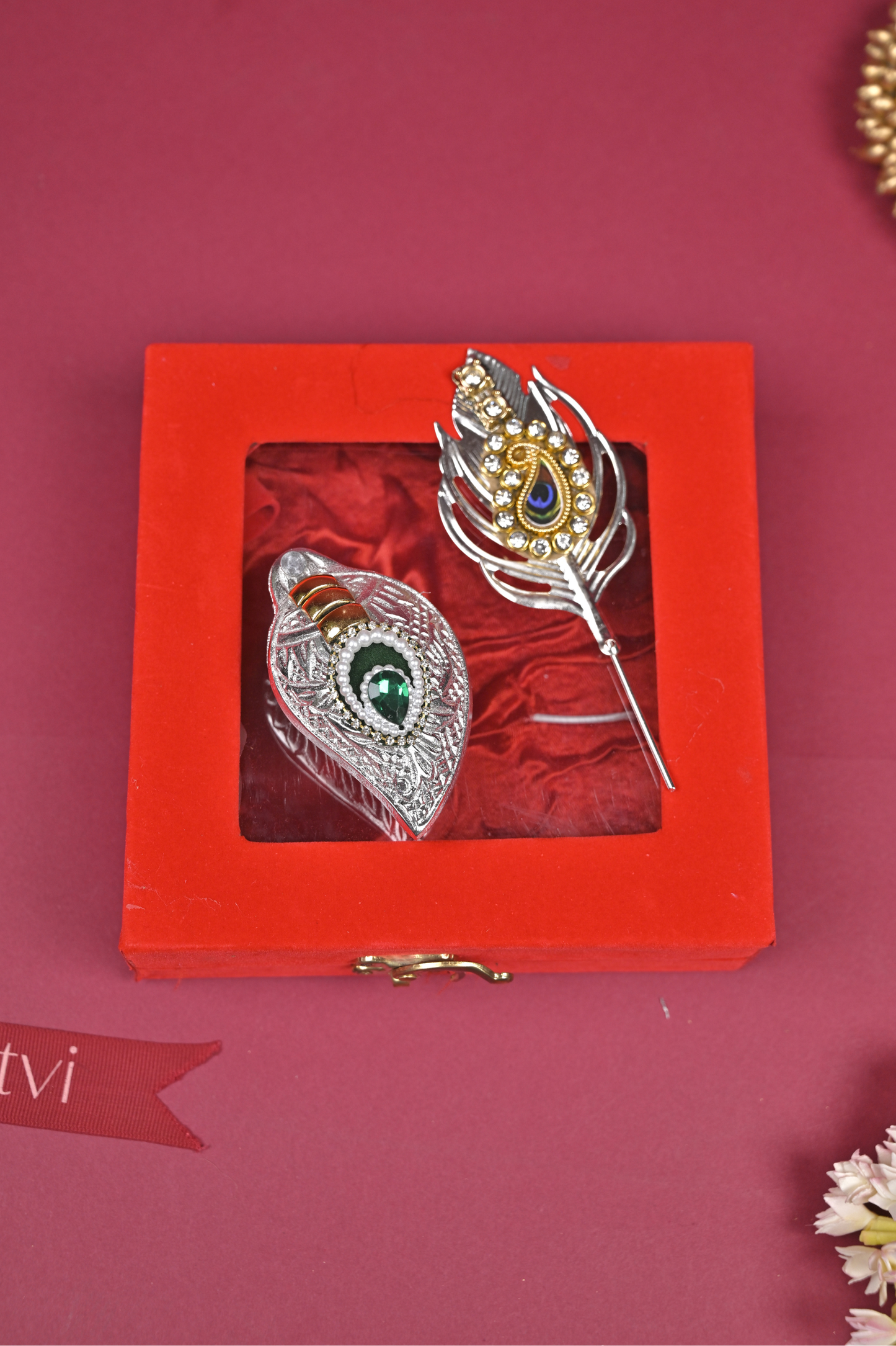 silver peacock feather kumkum holder & decorative feather set