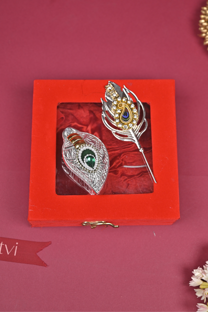 Silver Peacock Feather Kumkum Holder & Decorative Feather Set