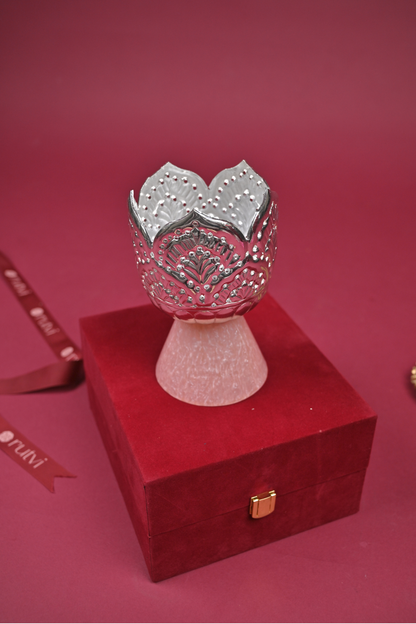 German Silver Lotus Tealight Holder with Stone Base