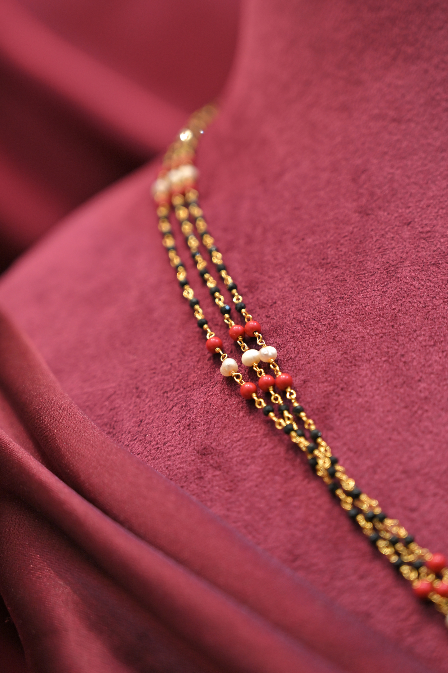 925 sterling silver triple layer pearl, coral & black bead gold plated mangalsutra necklace