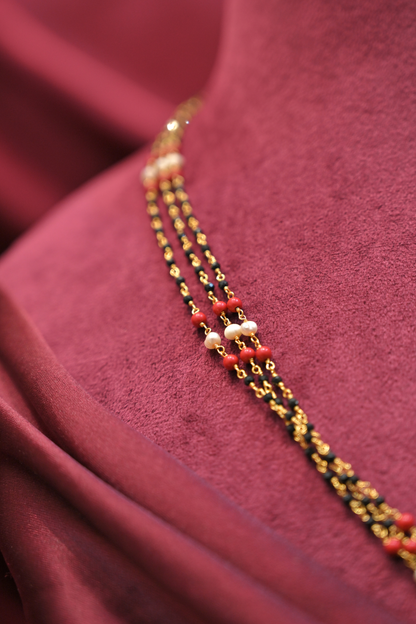 925 Sterling Silver Triple Layer Pearl, Coral & Black Bead Gold Plated Mangalsutra Necklace