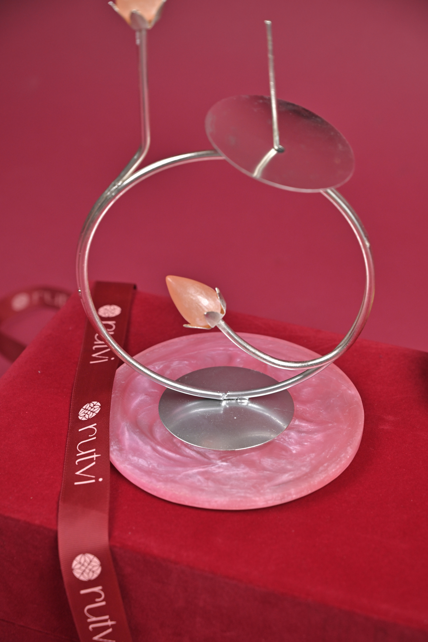handcrafted german silver lotus diya stand on rose quartz base with velvet gift box