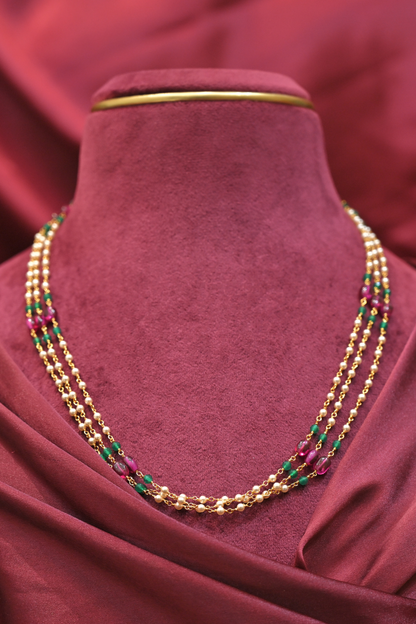 925 Sterling Silver Triple Layer Multi-Colour Pearl Bead Gold Plated Necklace