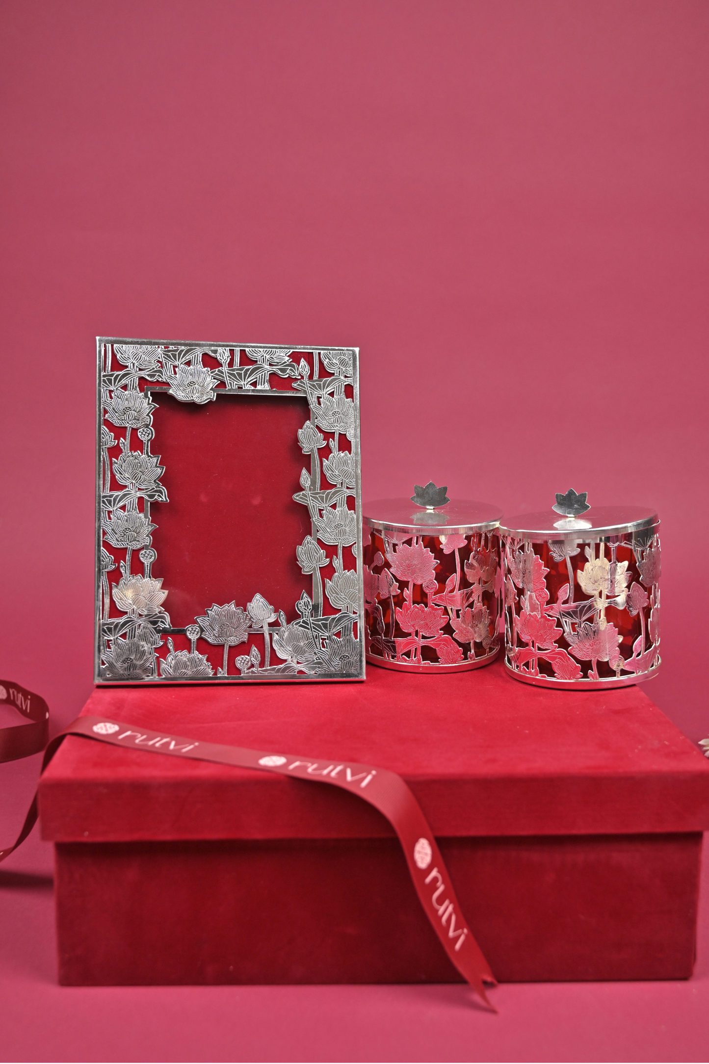 german silver lotus photo frame & candle holder gift set with velvet box