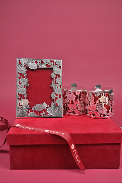 German Silver Lotus Photo Frame & Candle Holder Gift Set with Velvet Box