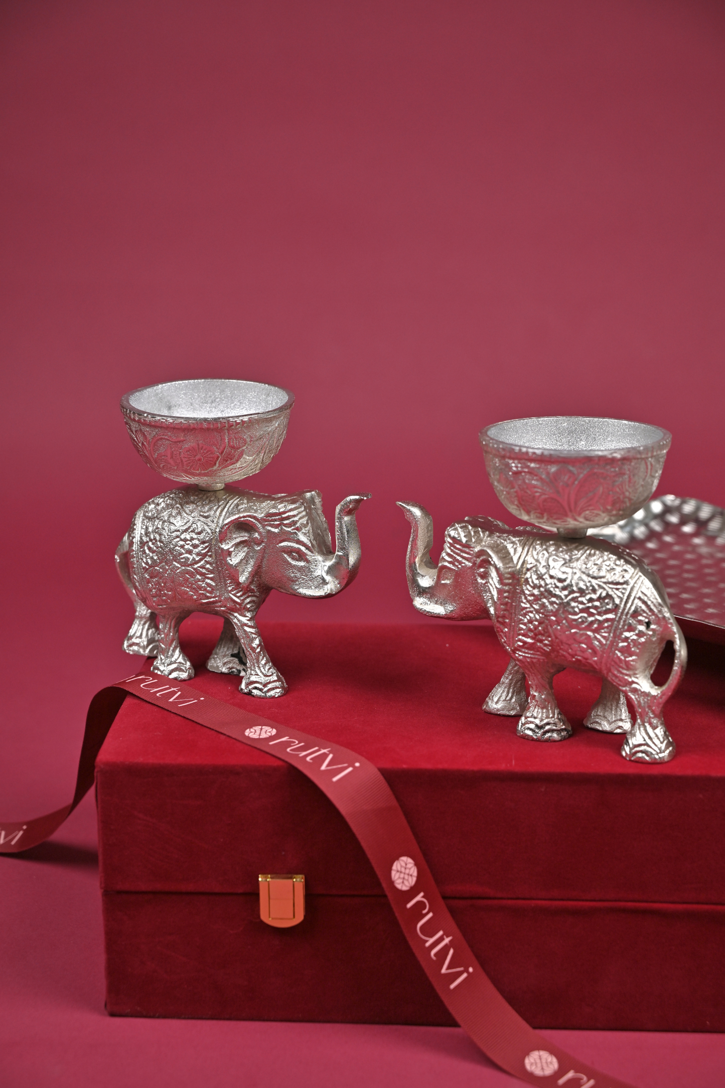 german silver elephant bowl & decorative tray gift set