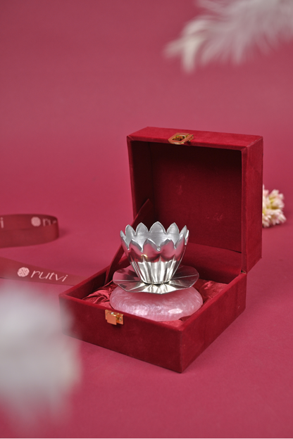 Handcrafted German Silver Lotus Diya on Rose Quartz Base – Decorative Pooja & Gifting Accent