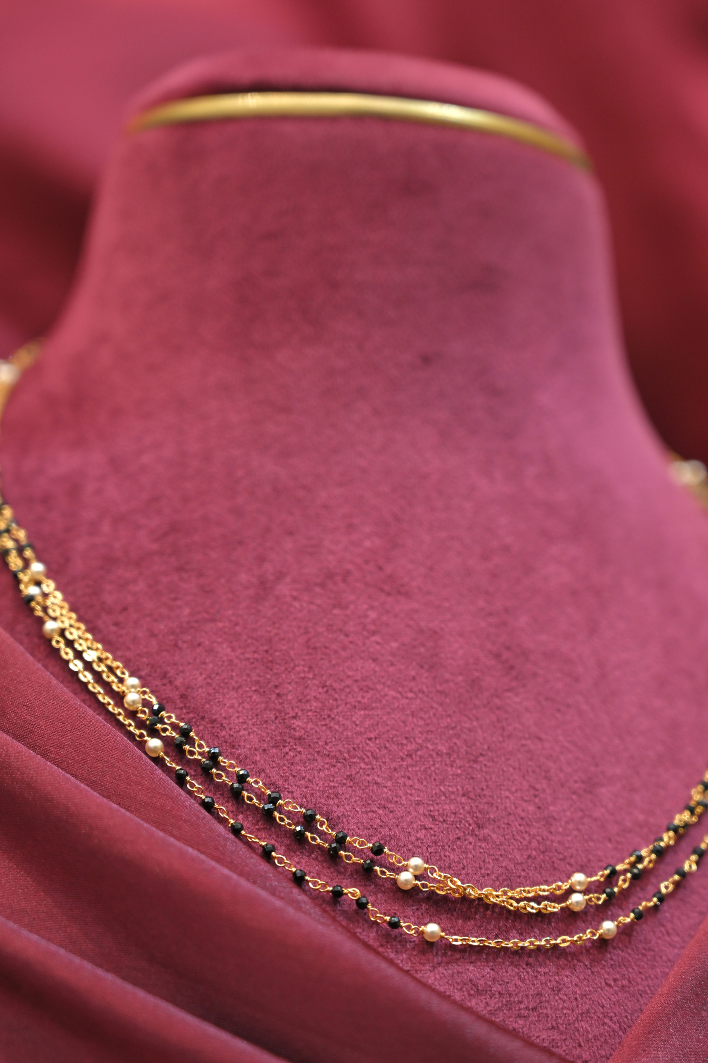 925 sterling silver triple layer black bead & pearl gold plated mangalsutra necklace