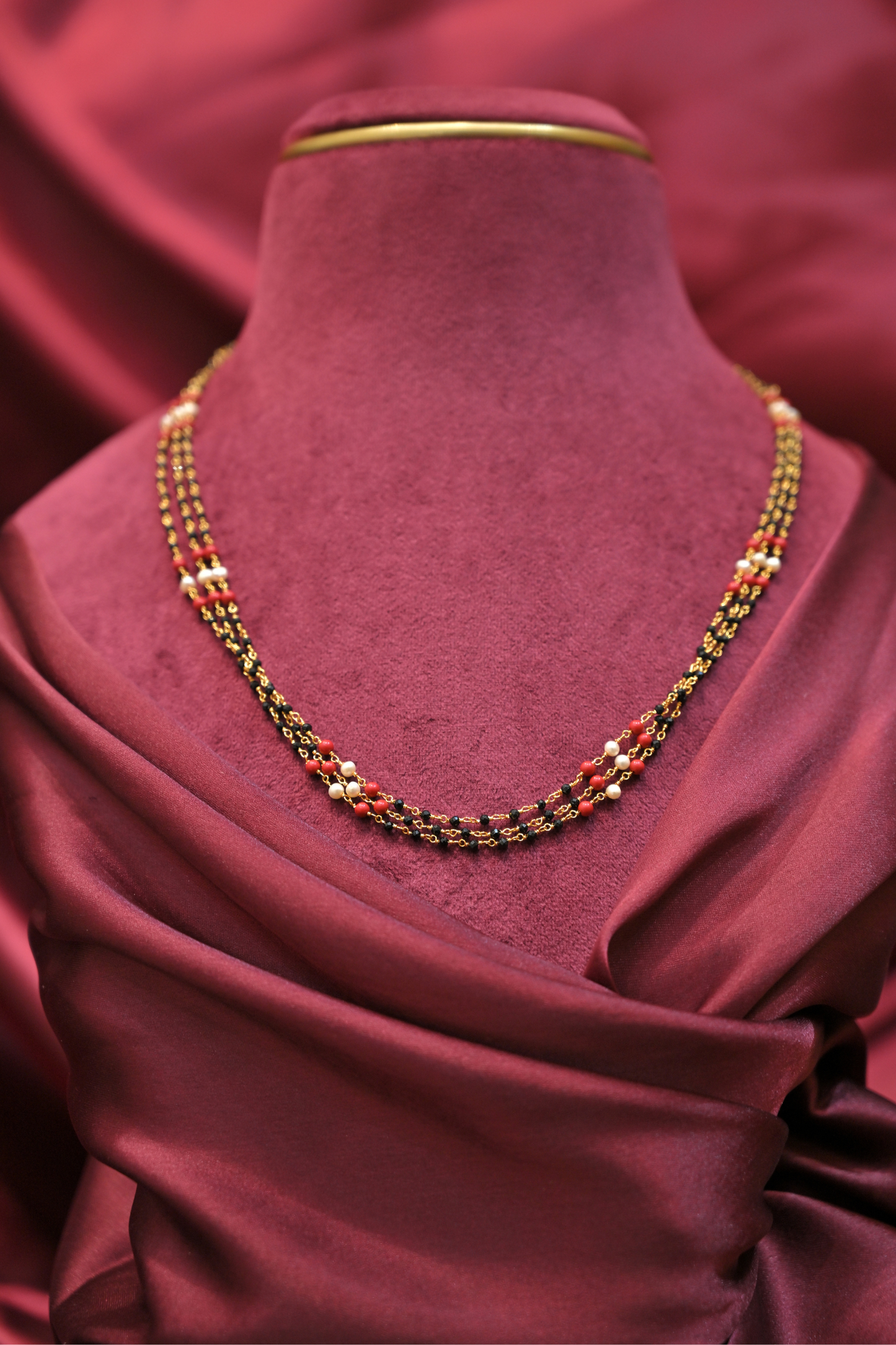 925 sterling silver triple layer pearl, coral & black bead gold plated mangalsutra necklace