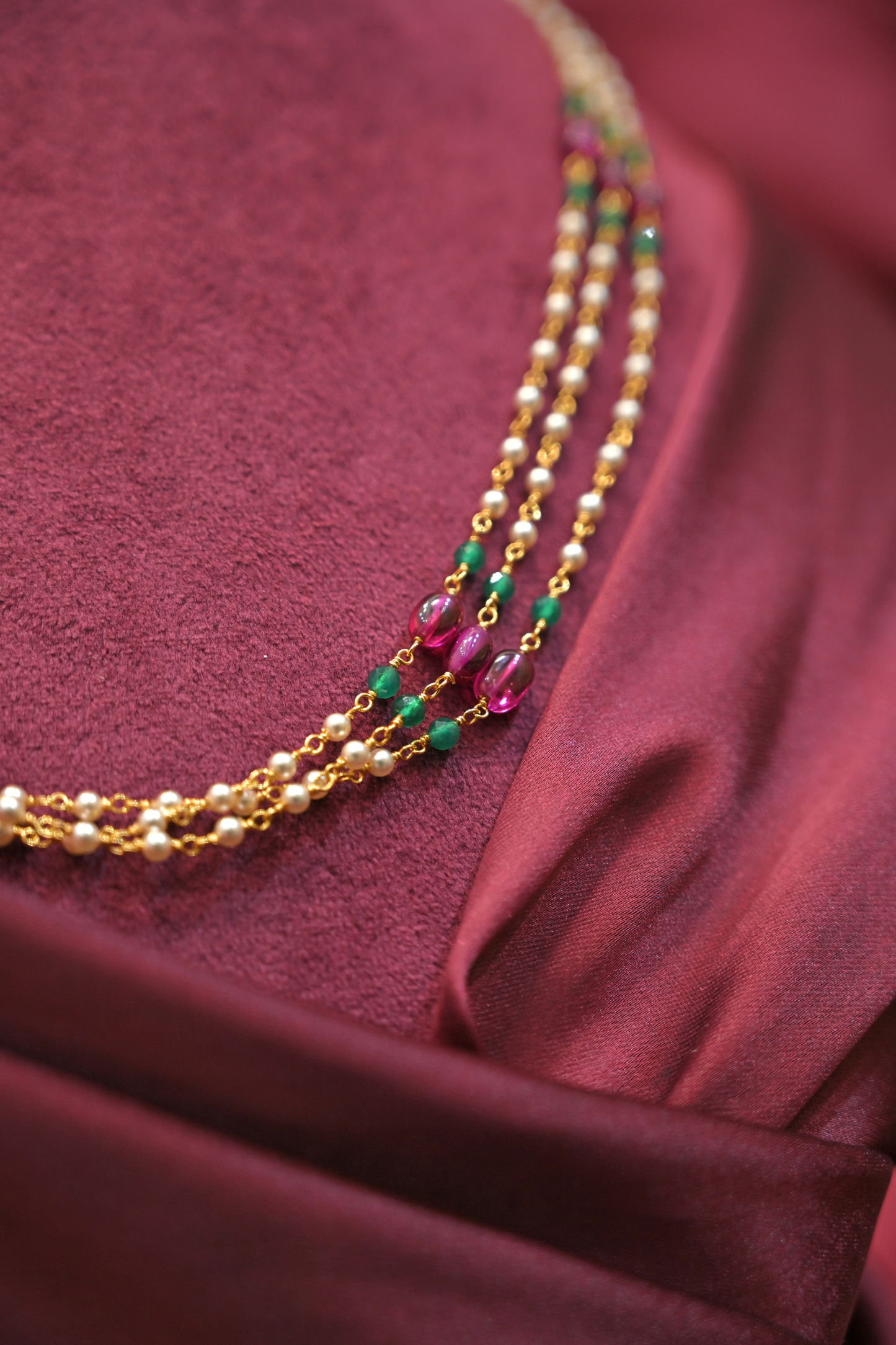 925 sterling silver triple layer multi-colour pearl bead gold plated necklace