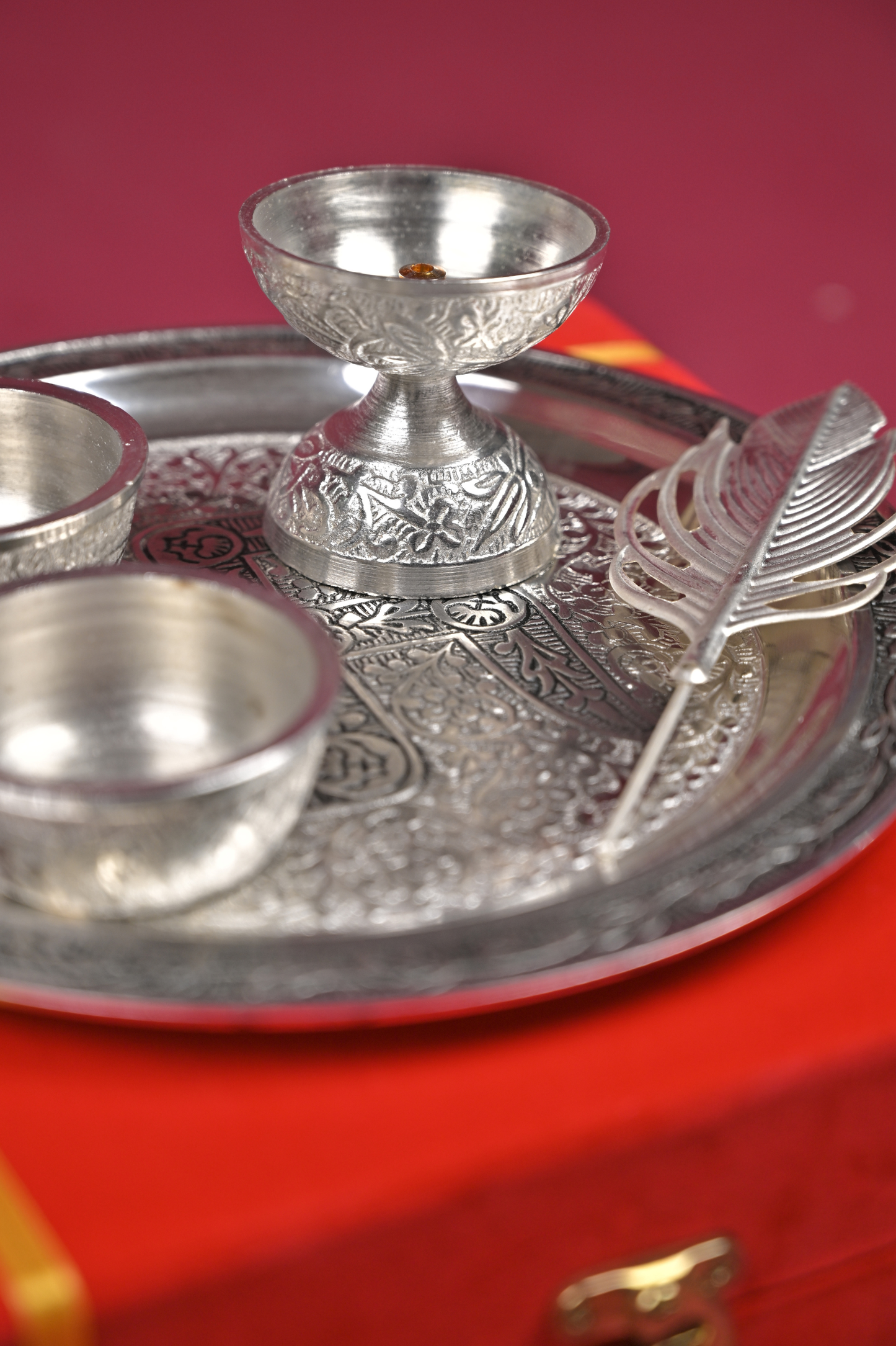 german silver pooja thali set with diya & bowls