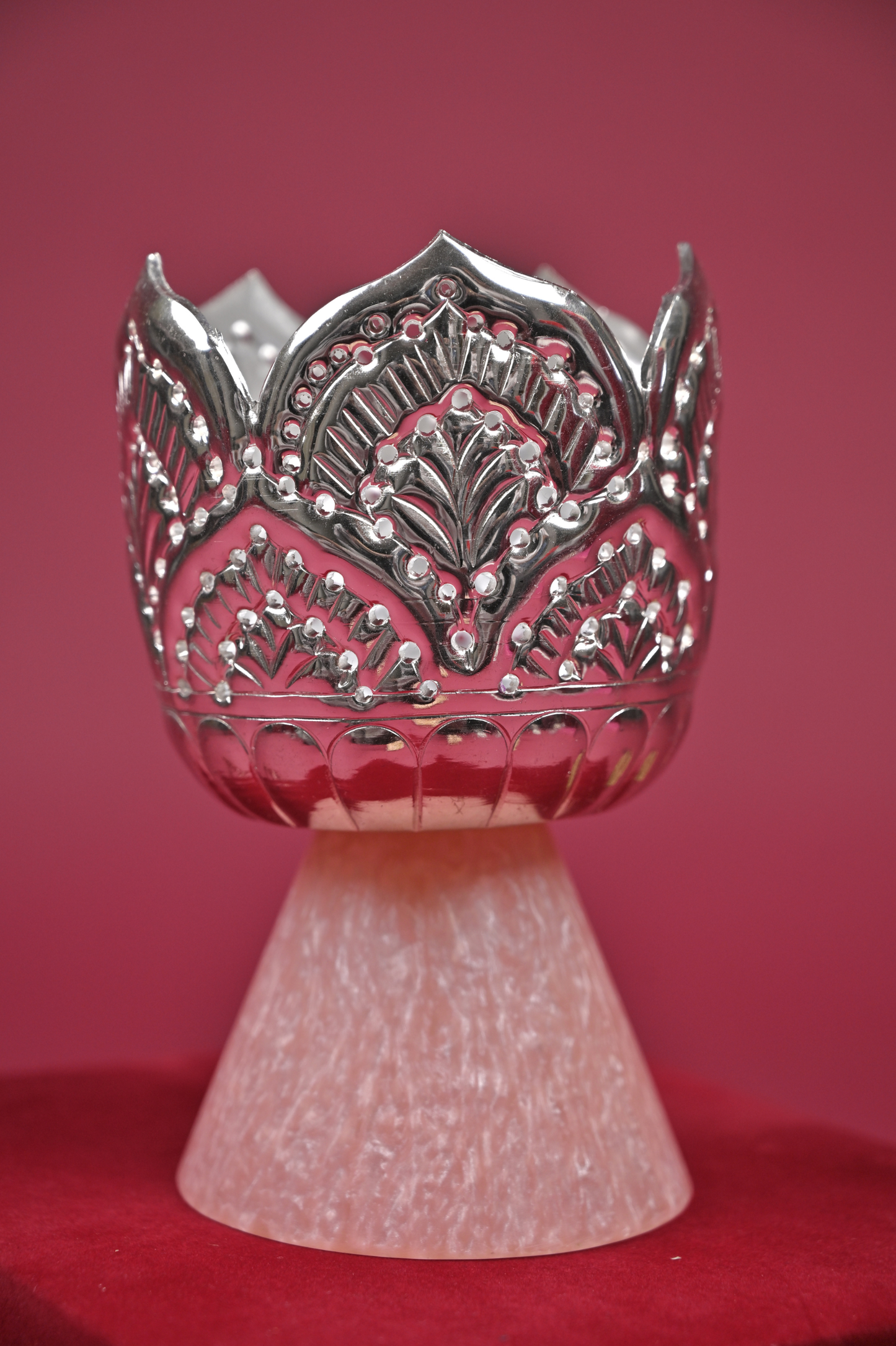 german silver lotus tealight holder with stone base