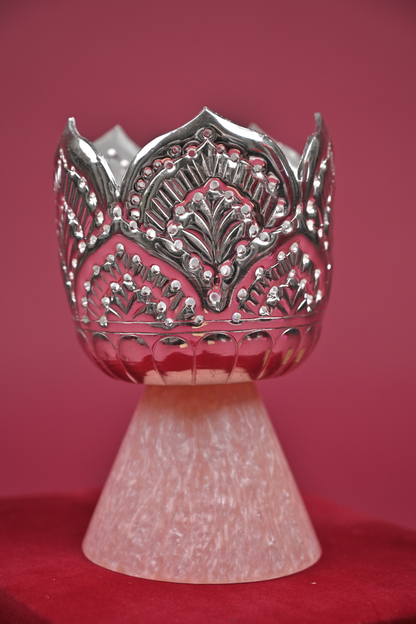 German Silver Lotus Tealight Holder with Stone Base