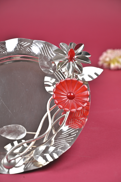 Silver Floral Decorative Serving Tray