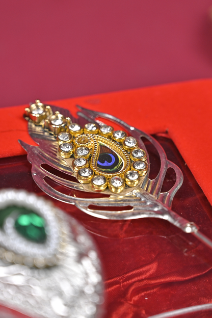 Silver Peacock Feather Kumkum Holder & Decorative Feather Set